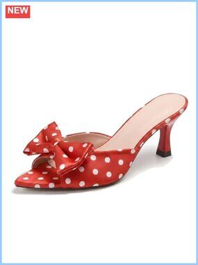 Satin Polka Dot Bow Kitten Heel Mule Sandals Open Toe Slip On